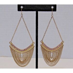 Vintage Gold Tone Earrings Chain Dangle Chandelier Tassel Pink Rhinestones